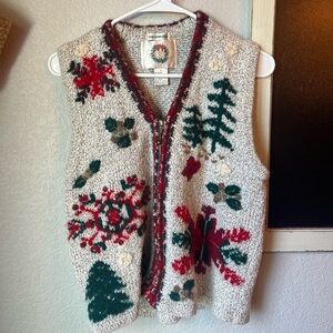 Christopher &‎ Banks Hand Embroidered Knit Vest Christmas